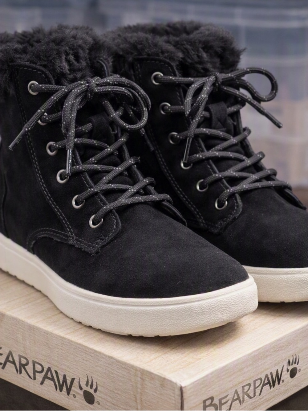Bearpaw Women’s Black Suede Fur Trim Boots – Size 8